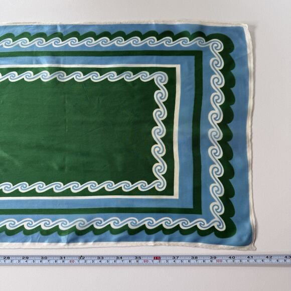 Vintage Green Blue Wave Border Oblong Scarf 41” Maximalist‎ Mod Print No Tag - Picture 9 of 10